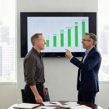 Zwei Männer in Geschäftskleidung stehen lächelnd in einem Besprechungsraum und feiern ihren Werbe Erfolg. Hinter ihnen zeigt ein Bildschirm ein Balkendiagramm mit ansteigenden grünen SEO Balken, die mit Besuchern, Einkäufen und Bestellungen beschriftet sind.