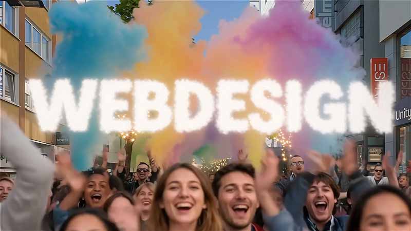 Eine Menge lächelnder junger Menschen, die im Freien jubeln, mit buntem Rauch im Hintergrund. Das Wort "modernes Webdesign Offenbach" erscheint in großen, weißen, fetten Buchstaben quer über dem Bild.