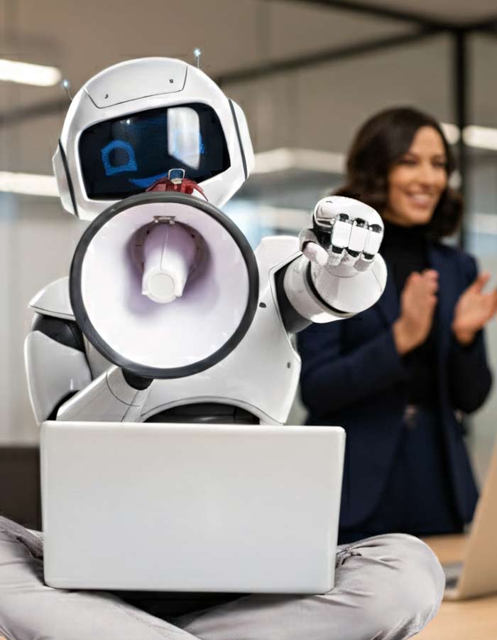 Ein Roboter, der ein Megaphon in der Hand hält und vor einem Laptop sitzt, während eine Frau in im Hintergrund steht und in einer Büroumgebung klatscht und lächelt, weil mit Hilfe von RPA und KI, die Arbeit weniger und der Erfolg größer wird.