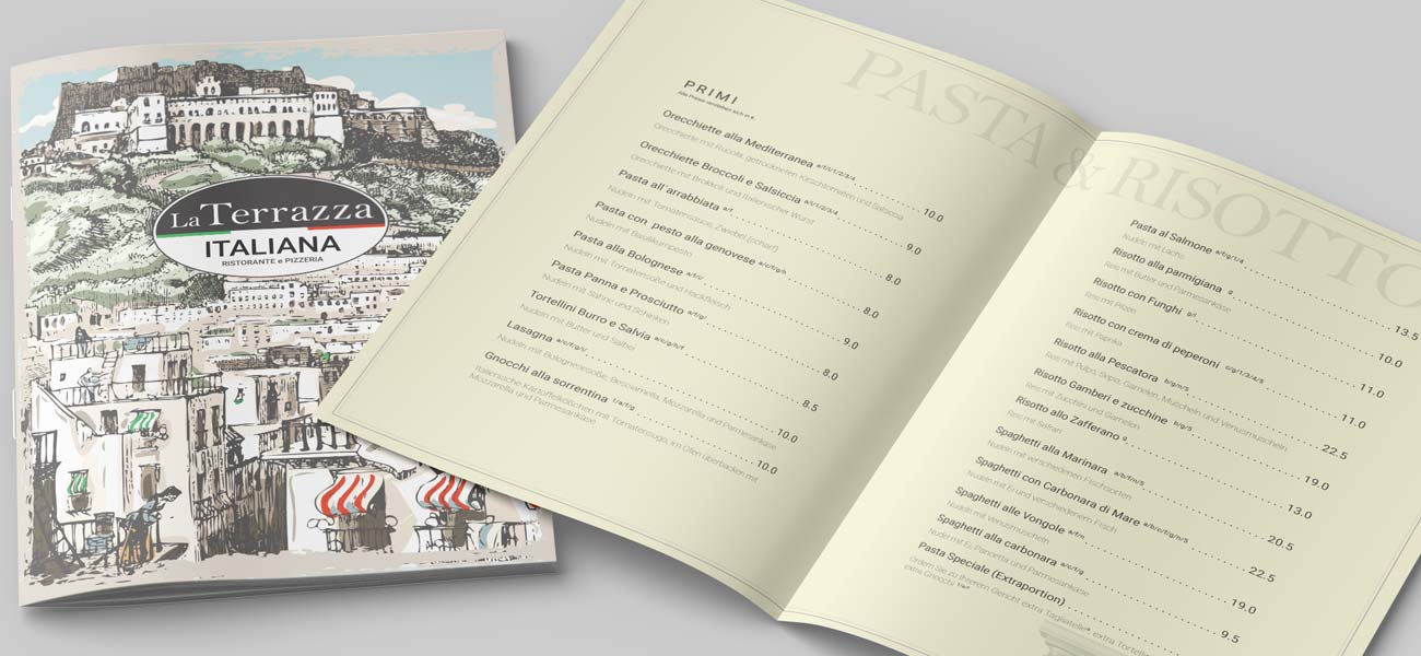 Eine illustrierte Speisekarte für ein italienisches Restaurant zeigt eine Skizze einer Stadt in den Hügeln, dies ist eine professionelle Speisekarte mit Pasta- und Risottogerichten - ein heimlicher Verkäufer für Genuss und Ambiente.