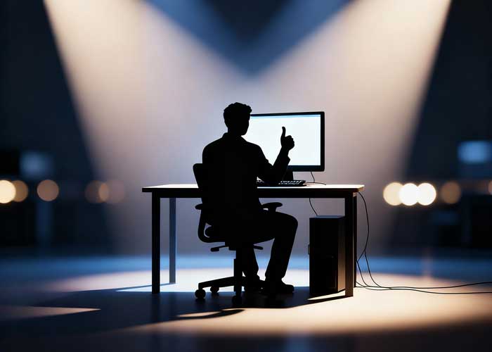 Eine Person sitzt an einem Schreibtisch vor einem Computer und zeigt den Daumen nach oben, nachdem sie die Qualität einer neuen Website getestet hat. Die Szene ist beleuchtet mit Scheinwerfern, die die Person hervorheben.