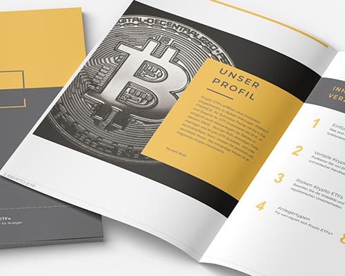Offene Broschüre mit einem großen Bitcoin-Bild und deutschem Text, ideal als Vertriebsmaterial. Überschriften und nummerierte Abschnitte in Gelb und Schwarz schaffen ein klares, modernes Layout mit geordneten Spalten und fetter Typografie.