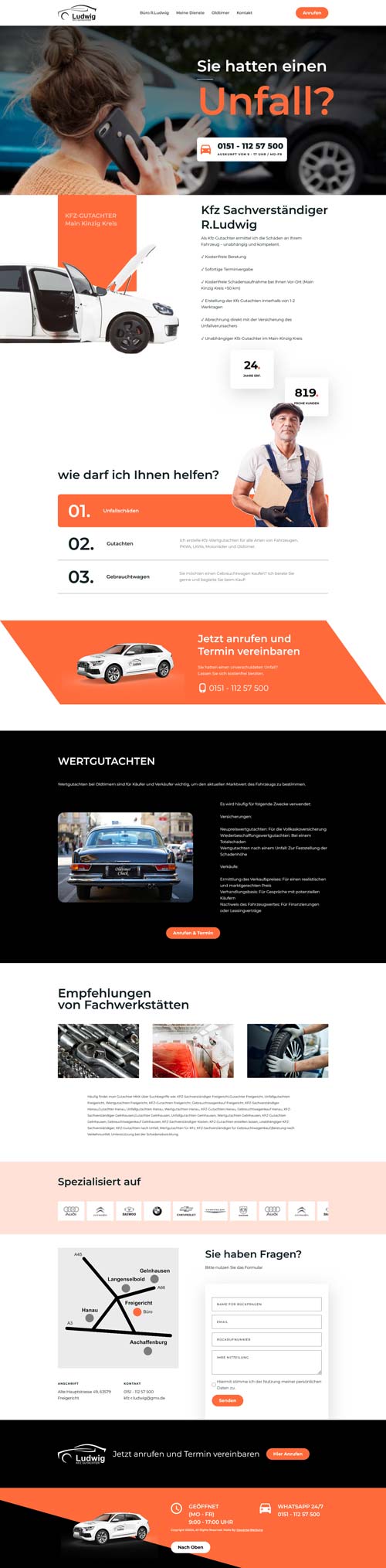 Homepage für einen Kfz-Sachverständigendienst. Sie zeigt Bilder eines Autounfalls, einer Mechanikerin und von Autos, die inspiziert werden, mit Abschnitten über Unfallberichte, Dienstleistungen und einem Kontaktformular. Der Text ist auf Deutsch.