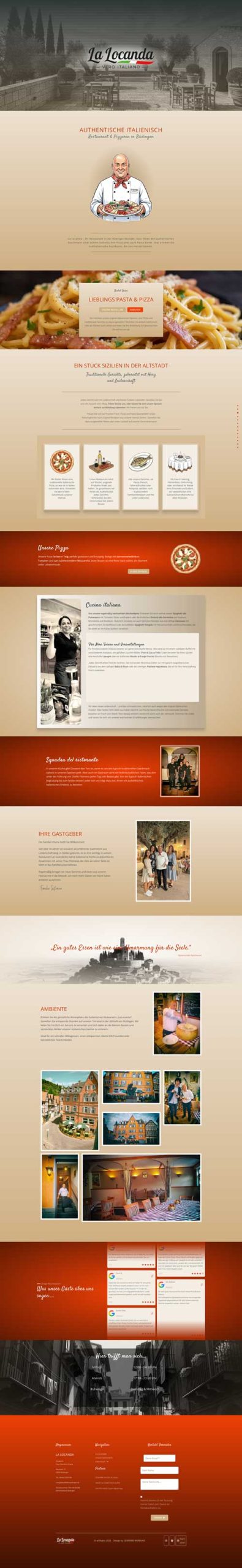 Eine lange Restaurant-Webseite mit italienischem Design, mit Bildern von Pasta, Köchen, Menükategorien, Kundenrezensionen, Innenaufnahmen und Reservierungs-/Kontaktformularen auf einem warmen braunen und orangenen Hintergrund.