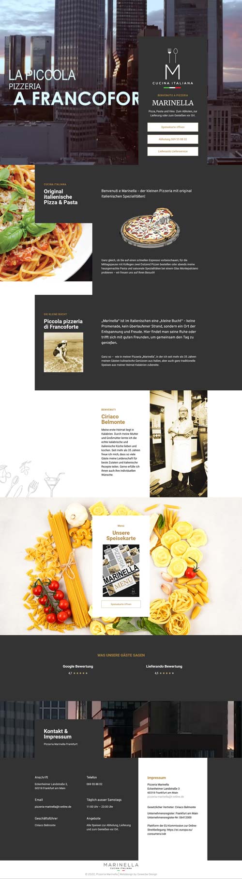 Ein Restaurant-Website-Layout mit städtischen Gebäuden, Nudelgerichten, einer Pizza, Köchen in einer Küche, frischen Nudelzutaten und Abschnitten für die Speisekarte, über uns und Reservierungsdetails. Das Thema ist die italienische Küche.