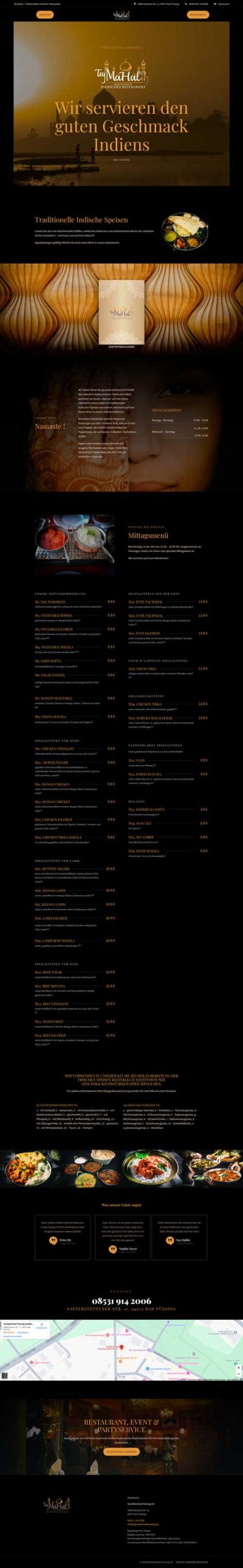 Eine deutschsprachige Restaurant-Website mit einem gold-schwarzen Thema, die Bilder von indischem Essen, Menüabschnitte, Preise, Kontaktinformationen, ein Reservierungsformular, Links zu sozialen Medien und eine Karte für den Standort zeigt.