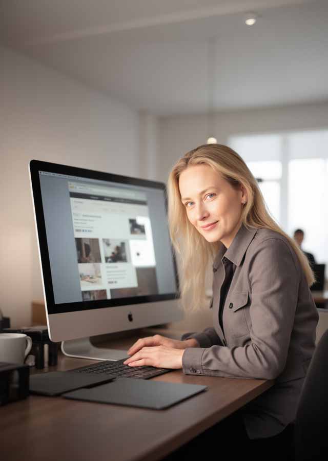 Eine Frau mit langen blonden Haaren, die ein graues Hemd trägt, sitzt an einem Schreibtisch und lächelt in die Kamera, während sie in einem hellen, modernen Büro an der Entwicklung einer Wordpress-Website arbeitet.