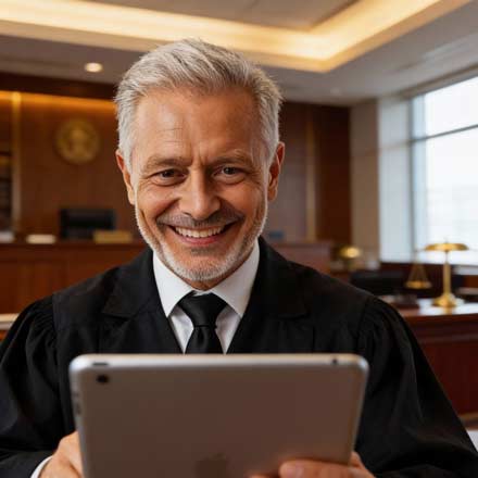 Ein lächelnder älterer Anwalt in einer Richterrobe hält in einem Gerichtssaal ein Tablet in der Hand, auf dem der Richtertisch und die juristische Ausstattung zu sehen sind - vielleicht schaut er sich vor dem nächsten Fall die Website seiner Kanzlei an.