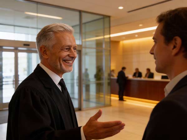 Ein lächelnder Mann in einer Richterrobe gestikuliert, während er mit einem Anwalt im Anzug in einer modernen, gut beleuchteten Gerichtshalle spricht. Im Hintergrund sind Menschen in der Nähe eines Empfangstresens zu sehen, die die Bemühungen des Anwalts um mehr Mandanten unterstreichen.