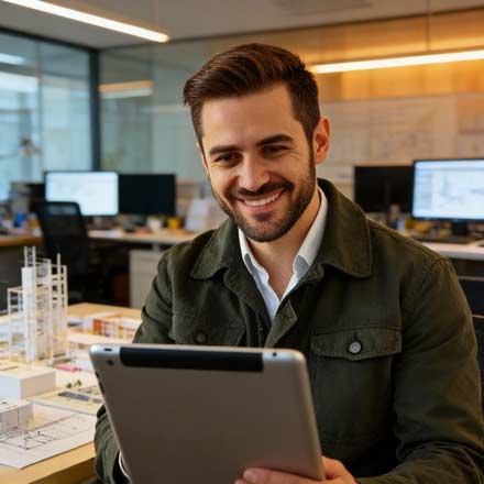 Ein Mann mit dunklen Haaren und einem Bart, der eine grüne Jacke und ein weißes Hemd trägt, lächelt, während er in einem modernen Büro ein Tablet benutzt. Dieser Architekt scheint zwischen Architekturmodellen und -zeichnungen Social-Media- oder SEO-Strategien zu prüfen.