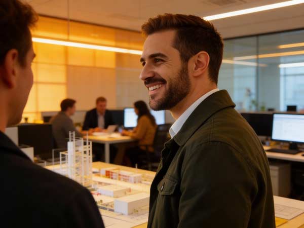 Ein lächelnder Architekt unterhält sich mit einer anderen Person in einem modernen Büro, in dem Kollegen an Schreibtischen arbeiten und Architekturmodelle auf dem Tisch stehen - ein Beispiel für ein Team, das mehr Aufträge erhält.