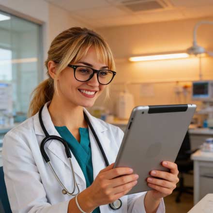 Eine lächelnde Ärztin mit Brille und Stethoskop schaut in einem hell erleuchteten Büro oder Labor auf ein Tablet - vielleicht, um soziale Medien zu checken.