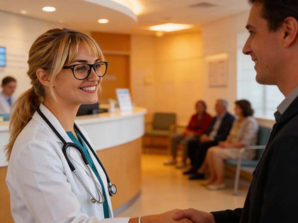 Eine lächelnde Ärztin mit Brille und weißem Kittel schüttelt einem männlichen Patienten in einem hellen Empfangsbereich einer Klinik die Hand, in dem im Hintergrund mehr Privatpatienten und andere Personen sitzen.