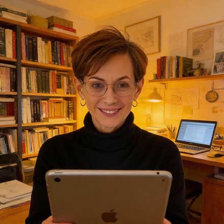 Eine Frau mit kurzen braunen Haaren und Brille, die einen schwarzen Rollkragenpullover trägt, lächelt, während sie ein iPad in ihrem gemütlichen Heimbüro mit Bücherregalen und einem beleuchteten Schreibtisch in der Hand hält - perfekt für jede Autorin, die ihre Website aktualisiert.
