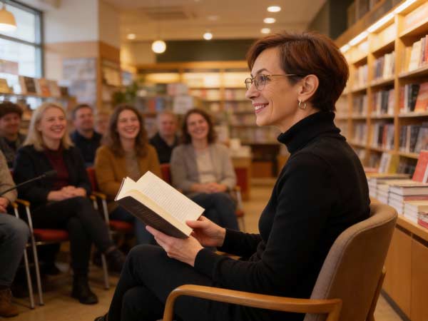 Eine Autorin sitzt in einer Buchhandlung, hält ein aufgeschlagenes Buch in der Hand und lächelt, während sie einer Gruppe vorliest. Im Hintergrund stehen Regale mit Büchern, die ihr Publikum zu mehr Lesern und Verkäufen anregen.