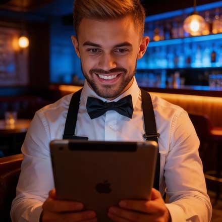 Ein lächelnder Mann mit weißem Hemd, schwarzer Fliege und Hosenträgern sitzt in einer schummrigen Lounge-Bar und schaut auf ein Tablet. Regale mit Flaschen und warme Beleuchtung schaffen eine einladende Atmosphäre im Hintergrund.