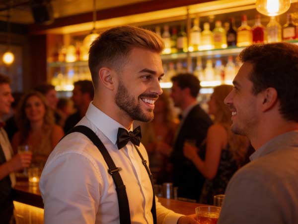 Zwei Männer lächeln und unterhalten sich in einer lebhaften Bar, umgeben von Menschen, die sich unterhalten. Der eine trägt ein weißes Hemd, eine schwarze Fliege und Hosenträger, während er einen Drink in der Hand hält. Warme Beleuchtung erfüllt die Lounge, die voll im Trend liegt. Regale mit Flaschen säumen den Hintergrund.