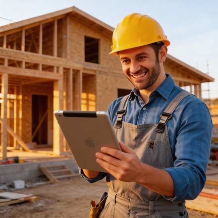 Ein Bauarbeiter mit gelbem Schutzhelm und Overall lächelt, während er auf einer Baustelle mit einem Tablet arbeitet.