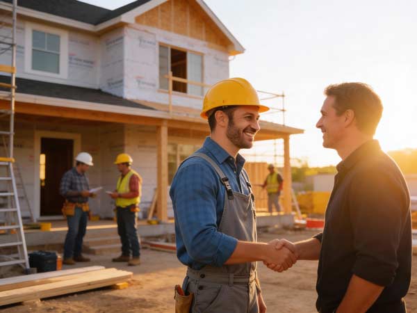Ein Bauarbeiter mit gelbem Schutzhelm und Latzhose schüttelt einem Mann in schwarzer Kleidung vor einem Bauprojekt die Hand, um mehr Aufträge zu erhalten, wobei im Hintergrund zwei weitere Arbeiter zu sehen sind.