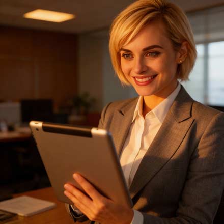 Eine Frau in einem grauen Geschäftsanzug lächelt, während sie in einer warm beleuchteten Büroumgebung ein Tablet benutzt, um Social Media-Analysen zur Verbesserung der SEO-Strategie ihres Unternehmens zu überprüfen.