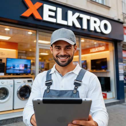 Ein lächelnder Elektriker mit Mütze und Latzhose hält ein Tablet in der Hand, mit dem er vielleicht die Website des Ladens für XELKTRO überprüft. Durch das Schaufenster hinter ihm sind Waschmaschinen und Fernsehgeräte zu sehen.