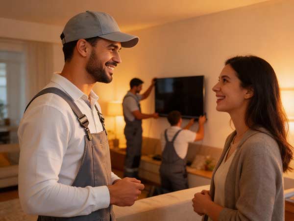 Ein lächelnder Elektriker in Uniform unterhält sich mit einer Frau in einem Wohnzimmer, während zwei andere Techniker einen Flachbildfernseher an der Wand montieren und durch professionellen Service und Teamarbeit für mehr umsatz je kunde sorgen.
