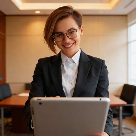 Ein junger Berufstätiger im Anzug und mit Brille lächelt, während er in einem modernen Konferenzraum mit großen Fenstern und einem Holztisch mit einem Tablet in den sozialen Medien surft.