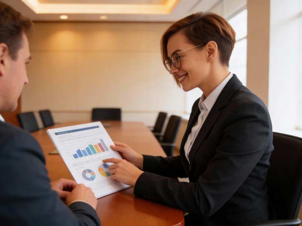 Eine Frau in Business-Kleidung lächelt, während sie einem Mann während einer Besprechung in einem Konferenzraum Finanzberatung, Diagramme und Grafiken auf einem Dokument zeigt.