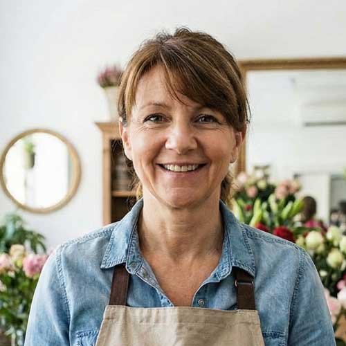 Eine Frau in Jeanshemd und beiger Schürze lächelt in einem Blumenladen und zeigt ihre Leidenschaft für Florist und Blumenhandel. Im Hintergrund sind bunte Blumen und ein runder Spiegel zu sehen.
