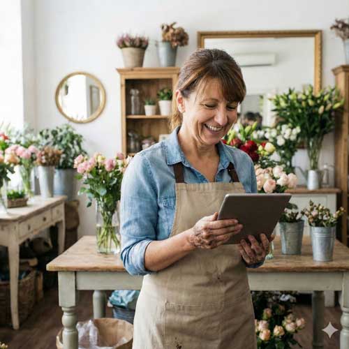 Eine fröhliche Floristin in Schürze steht in ihrem Blumenladen und lächelt auf ein Tablet, während sie ihre sozialen Medien aktualisiert. Sie ist umgeben von Sträußen und Eimern mit frischen Blumen auf Holztischen und Regalen.