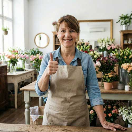 Eine lächelnde Frau in einer Schürze steht in einem Blumenladen und Blumenhandel und zeigt den Daumen nach oben. Der Laden ist gefüllt mit bunten Blumensträußen und Topfpflanzen auf Tischen und Regalen.