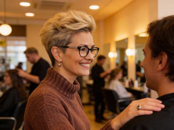 Eine lächelnde Frau mit kurzen blonden Haaren und Brille, die einen braunen Pullover trägt, legt ihre Hand auf die Schulter eines Mannes in einem belebten, ausgebuchten Friseursalon, wobei im Hintergrund weitere Personen zu sehen sind.
