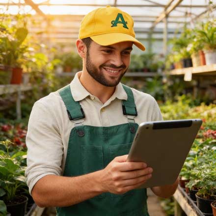 Ein Mann mit gelber Mütze und grüner Latzhose steht in einem Gewächshaus und lächelt, während er mit einem Tablet seine Website verwaltet. Er ist umgeben von Topfpflanzen und Grünzeug in der hellen, sonnenbeschienenen Umgebung.