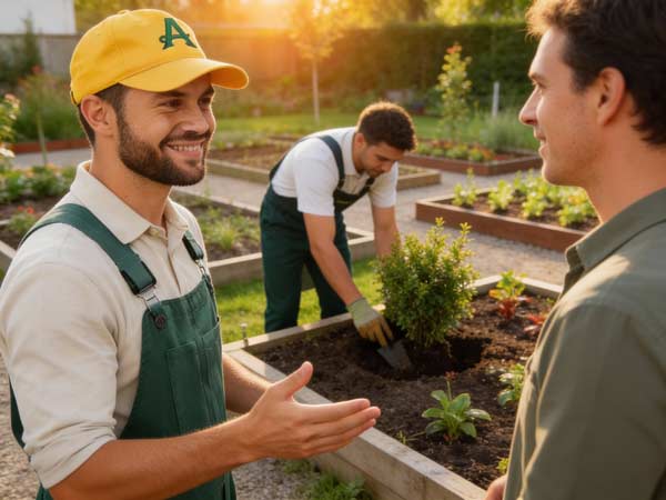 Drei Gärtner in einem Gemeinschaftsgarten, zwei unterhalten sich und lächeln im Vordergrund, einer trägt eine gelbe Mütze und einen grünen Overall; ein anderer pflanzt einen Strauch in einem Hochbeet hinter ihnen. Das Sonnenlicht unterstreicht ihre Teamarbeit und die Hoffnung auf mehr Aufträge.
