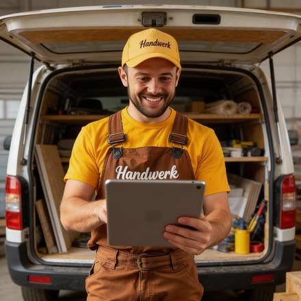 Ein lächelnder Handwerker mit gelber Handwerkermütze und gelbem Hemd steht vor einem offenen Lieferwagen, der mit Werkzeugen und Holz gefüllt ist, und hält ein Tablet in der Hand, mit dem er Seo-Aufgaben erledigen oder sich in den sozialen Medien vernetzen kann.