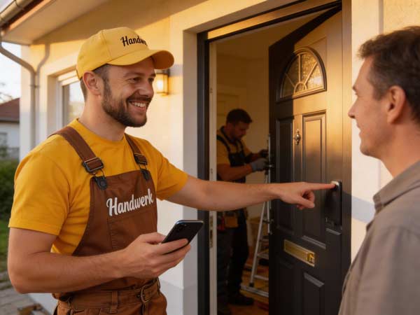 Ein lächelnder Handwerker in gelbem Hemd und Mütze klingelt an der Tür, das Telefon in der Hand, und begrüßt den Hausbesitzer, während ein anderer Arbeiter im Haus beschäftigt ist - ein Bild dafür, dass die Nachfrage steigt.