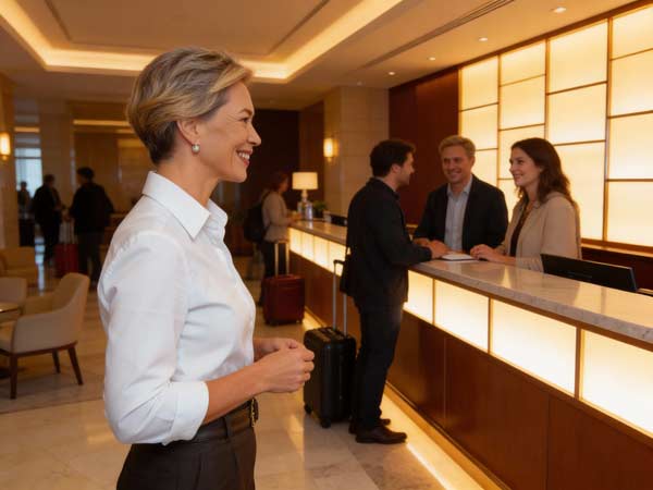 Eine lächelnde Frau steht in der Lobby eines Hotels. Im Hintergrund sind zwei Personen dabei, an der Rezeption einzuchecken, während eine Empfangsdame ihnen dabei hilft. Die Lobby ist gut beleuchtet und mit Stühlen ausgestattet.