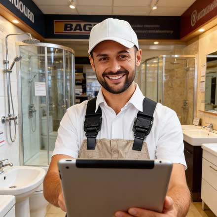 Ein lächelnder Installateur in Arbeitsoverall und Mütze hält ein Tablet in einem Badezimmer-Ausstellungsraum, umgeben von Waschbecken, Duschen und anderen Armaturen - perfekt, um seine Website mit den neuesten Designs zu aktualisieren.