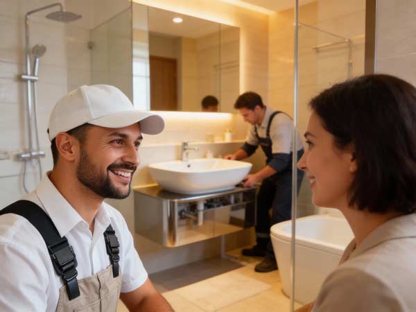 Zwei Installateure arbeiten in einem modernen Badezimmer; einer lächelt und spricht mit einer Frau, während der andere das Waschbecken repariert. Die saubere, zeitgemäße Umgebung spiegelt den Trend zu neuen Bädern wider.