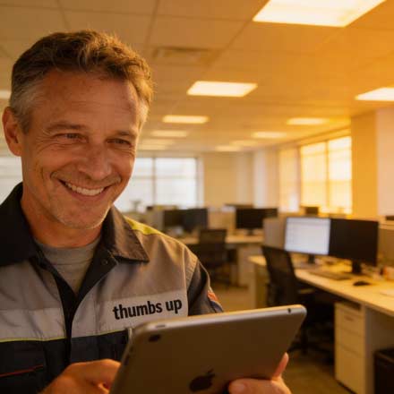 Ein lächelnder Mann in einer Arbeitsuniform mit aufgedruckten Daumen nach oben verwendet ein Tablet, wahrscheinlich um Website- oder SEO-Details zu überprüfen, in einem hellen, modernen Büro mit mehreren leeren Schreibtischen und Computermonitoren im Hintergrund.