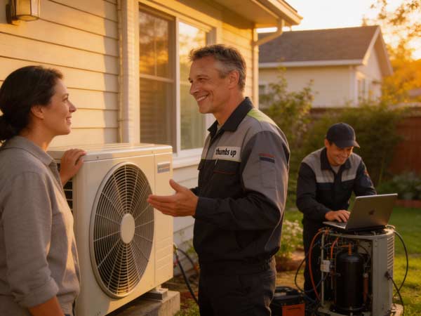 Zwei HLK-Techniker arbeiten vor einem Haus; der eine lächelt und unterhält sich mit einer Frau in der Nähe einer Außen-Wärmepumpe, während der andere Techniker auf einem Laptop neben dem Gerät eine Klimatechnik-Diagnose durchführt.