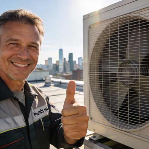 Ein lächelnder Klimatechniker steht auf einer Dachterrasse neben einem Klimagerät und zeigt den Daumen nach oben. Im Hintergrund ist bei strahlendem Sonnenschein die Skyline der Stadt zu sehen. Hier werden die Kompetenz der Klimatechnik und innovative Wärmepumpenlösungen präsentiert.