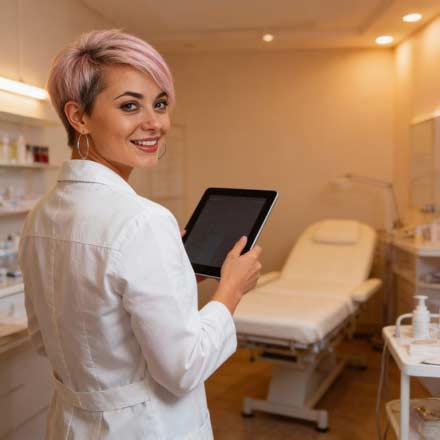 Eine lächelnde Frau mit kurzen rosafarbenen Haaren, die einen weißen Laborkittel trägt, hält ein Tablet in der Hand und steht in einem modernen kosmetischen Behandlungsraum mit einem medizinischen Bett und verschiedenen Geräten.