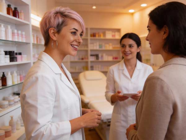 Zwei Frauen in weißen Laborkitteln unterhalten sich mit einer Kundin in einer Kosmetik-Klinik, die neben Regalen mit verschiedenen Schönheitsprodukten und Tiegeln steht. Die Atmosphäre wirkt einladend und professionell, während sie über neue Termine sprechen.