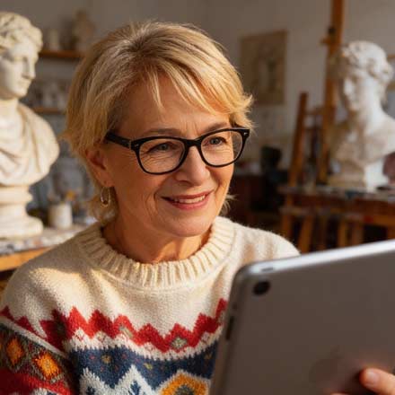 Eine lächelnde ältere Frau mit kurzen blonden Haaren und Brille schaut auf ein Tablet und surft vielleicht in den sozialen Medien. Sie trägt einen gemusterten Pullover und sitzt in einem Raum mit weißen Skulpturenbüsten und warmer Beleuchtung.