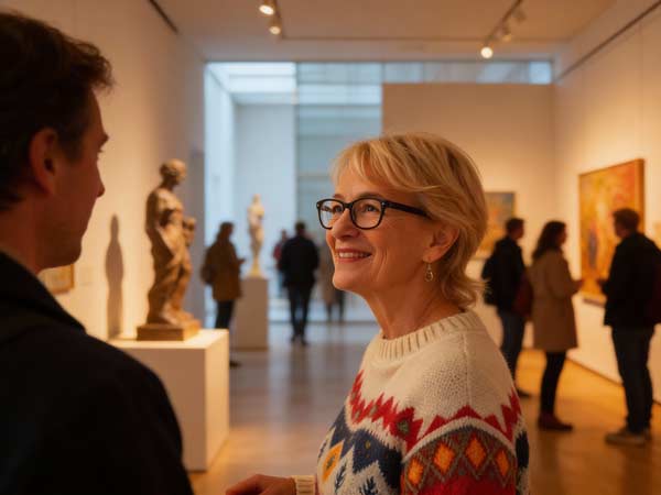 Eine Frau mit Brille und farbenfrohem Pullover lächelt einen Mann in einer Kunstgalerie während einer erfolgreichen Ausstellung an. Im Hintergrund sind Skulpturen und Gemälde lokaler Künstler zu sehen und andere Besucher.