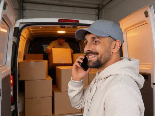 Ein lächelnder Logistiker mit Kapuzenpulli und Mütze telefoniert neben einem offenen Lieferwagen, der mit Kartons gefüllt ist, über Aufträge, während eine andere Person die Kartons im Inneren des Lieferwagens ordnet.