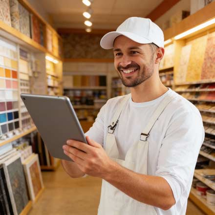 Eine lächelnde Person mit weißer Mütze und Latzhose hält ein Tablet in einem Laden voller Farbmuster und Tappete und prüft die Aktualisierungen für die neue Website.