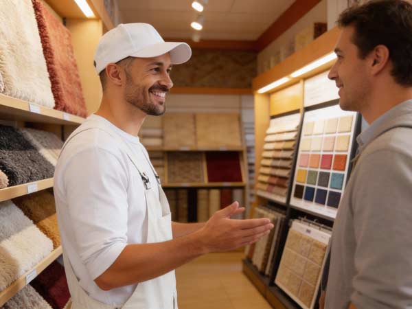 Zwei Männer lächeln und unterhalten sich in einem gut beleuchteten, übersichtlichen Ladengang, der links mit Teppichmustern und rechts mit bunten handwerklichen Mustern gesäumt ist und eine einladende Atmosphäre schafft.