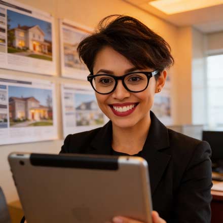 Eine lächelnde Frau mit kurzen dunklen Haaren und Brille hält ein Tablet in einem Büro, in dem an der Wand hinter ihr Immobilienangebote angezeigt werden.